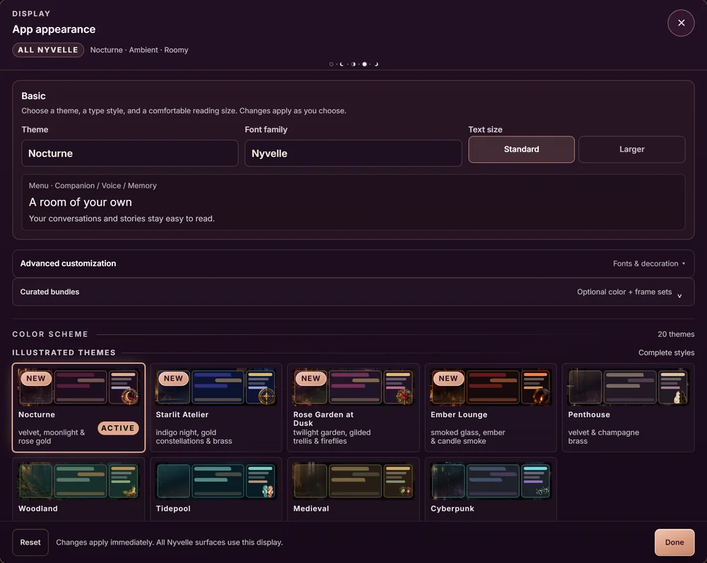 The App appearance panel in NYVELLE, showing illustrated themes