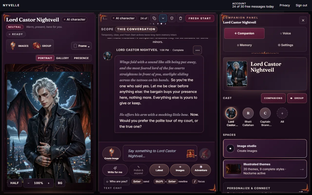 NYVELLE's chat with Lord Castor Nightveil: his portrait, the opening scene and the companion panel