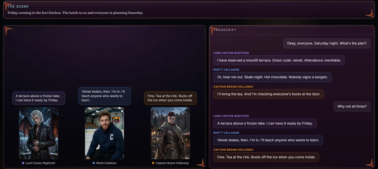 A group scene with Lord Castor Nightveil, Rhett Callahan and Captain Brann Holloway answering one message in turn