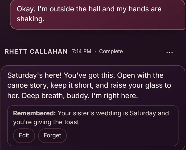 A reply from Rhett Callahan with a Remembered note about a sister's wedding, and Edit and Forget buttons