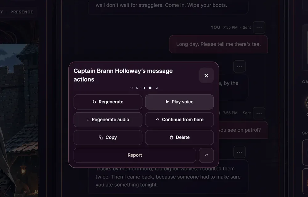 A reply's actions in NYVELLE, with Play voice highlighted