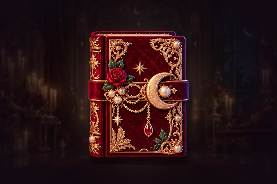 A velvet-bound storybook with a rose-gold key