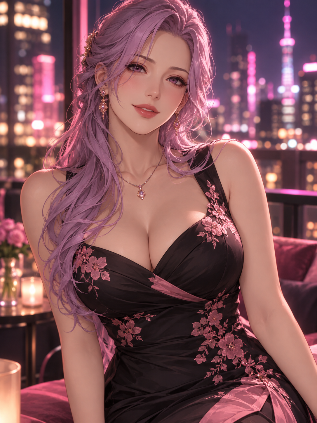 Adult lavender-haired anime woman in a black and pink evening dress.