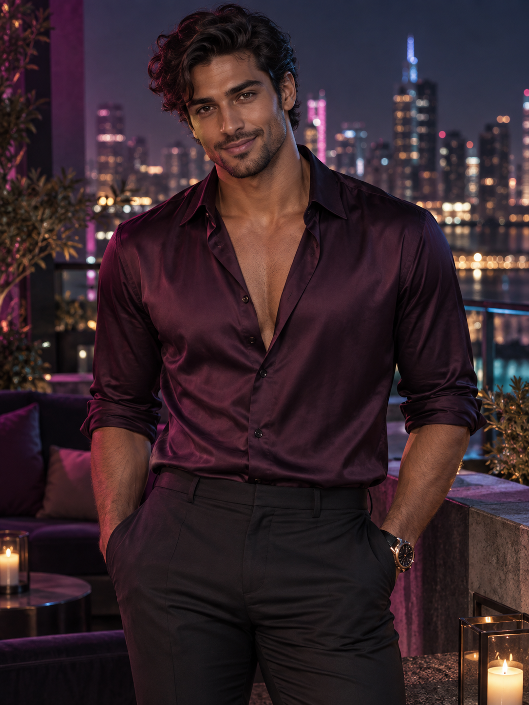 Photorealistic fictional adult man with medium-brown skin in a silk shirt on a rooftop.