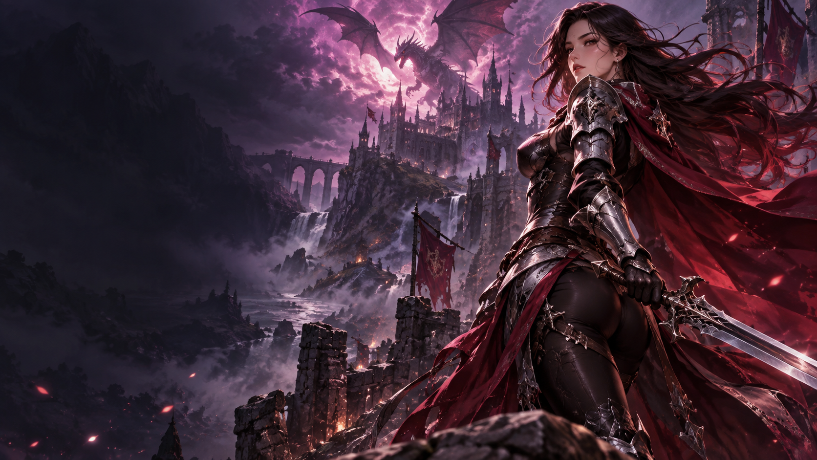 Adult armored sword heroine beneath a moonlit fantasy sky.