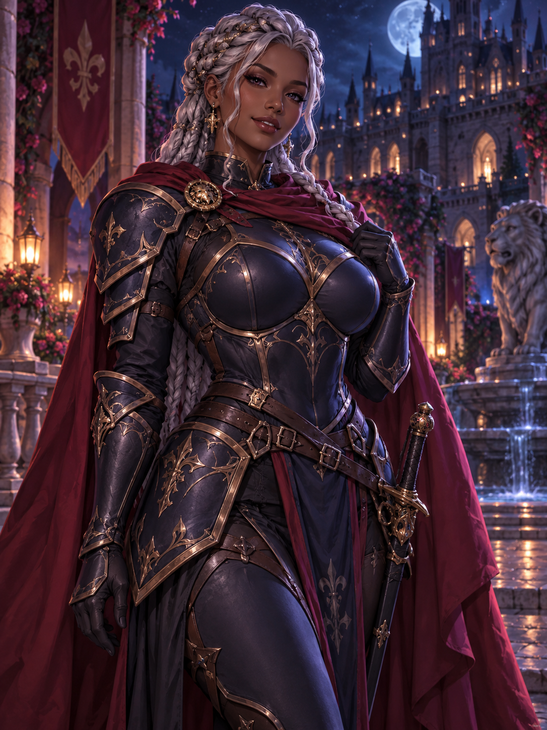 Adult dark-skinned anime swordswoman in fitted midnight-blue armor with silver braids.