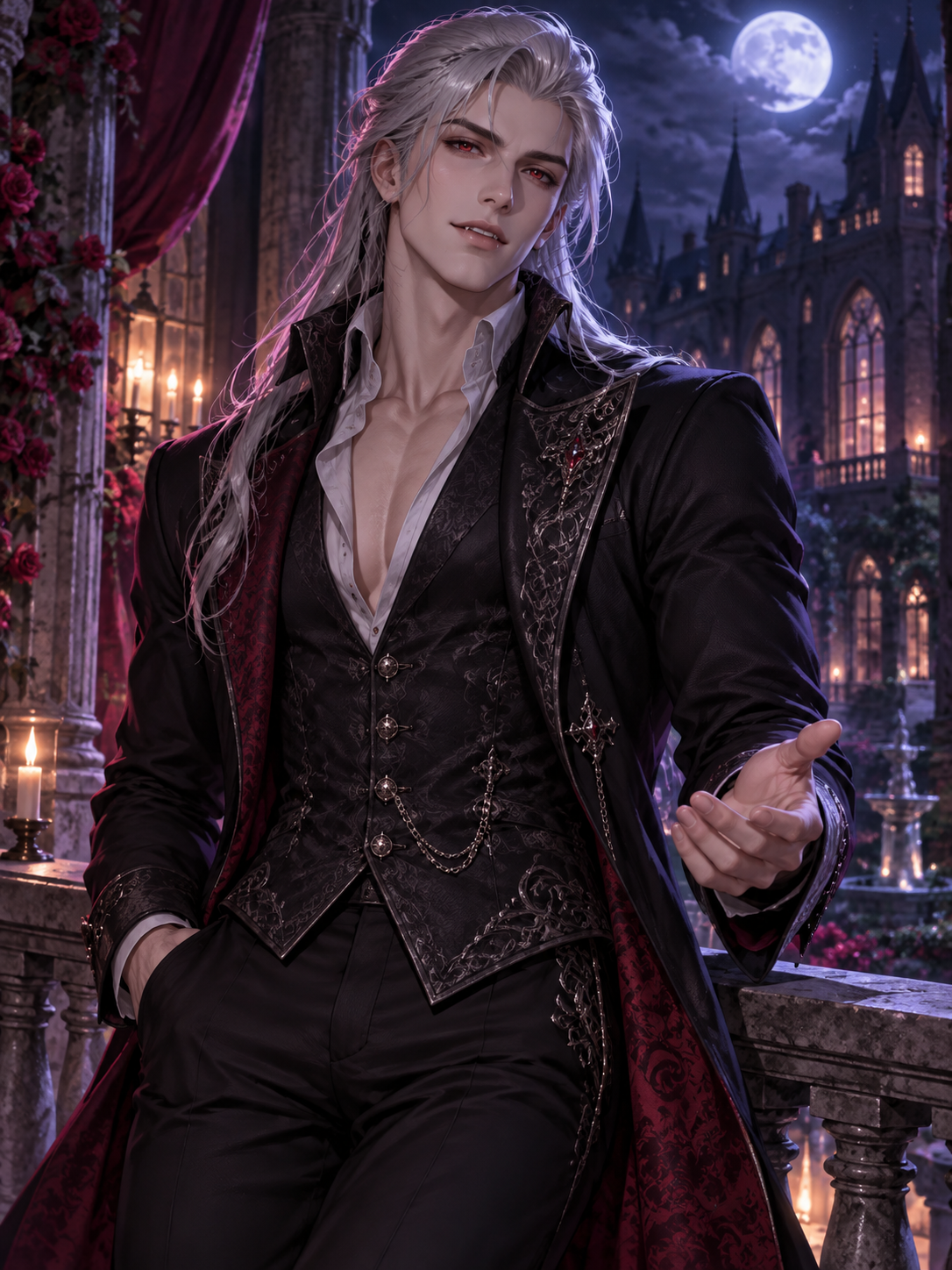 Handsome adult silver-haired anime vampire in a black embroidered coat.