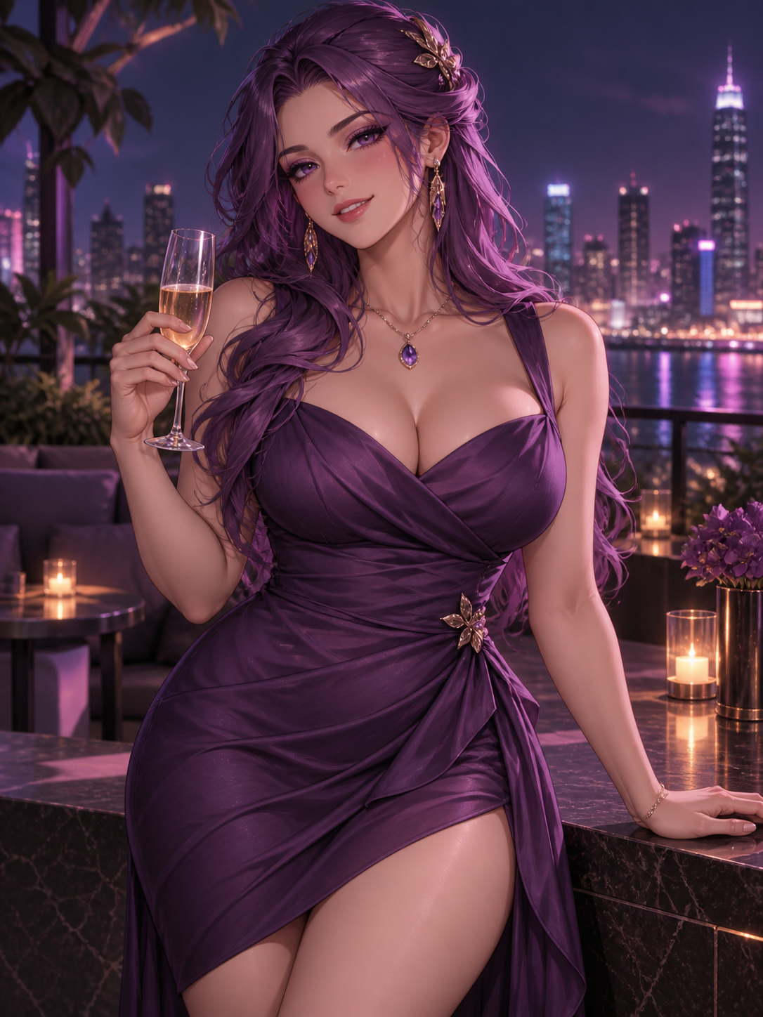 Adult violet-haired anime woman in a fitted evening dress on a glowing city rooftop.